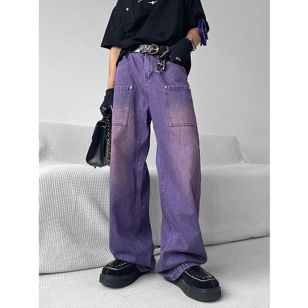 Jeans féminins Gradient d'été Purple Vintage Jeans Fashion Pocket High Waist Baggy Straight Pantal
