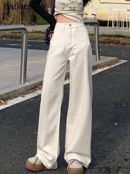 Jeans pour femmes taille haute taille longue robe de jambe large femme blanche mode décontractée lâche plissée dames robes de style coréen femme