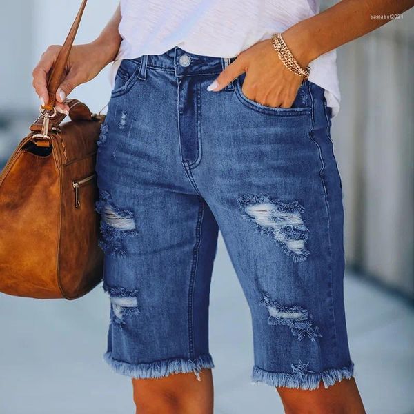 Jeans pour femmes été genou longueur denim shorts femmes taille moyenne déchiré ourlet effiloché patchworks