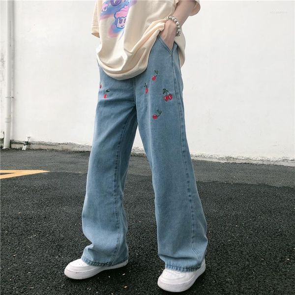 Jeans de mujer Verano Coreano de Harajuku Estilo High Street Cherry Light Blue Pantalones