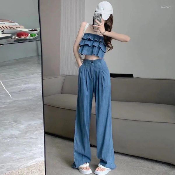 Jeans féminins Summer Coréen Version Denim Suit Streetwear Polds Top Pantalon Loose Wide Pant