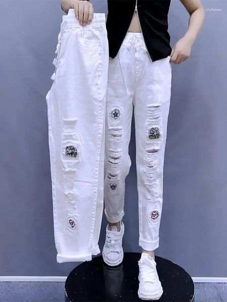 Jeans pour femmes été coréens blanc extensible femme imprimé femelle femelle lâche décontractée haute taille pantalon crayon pantalon les dames