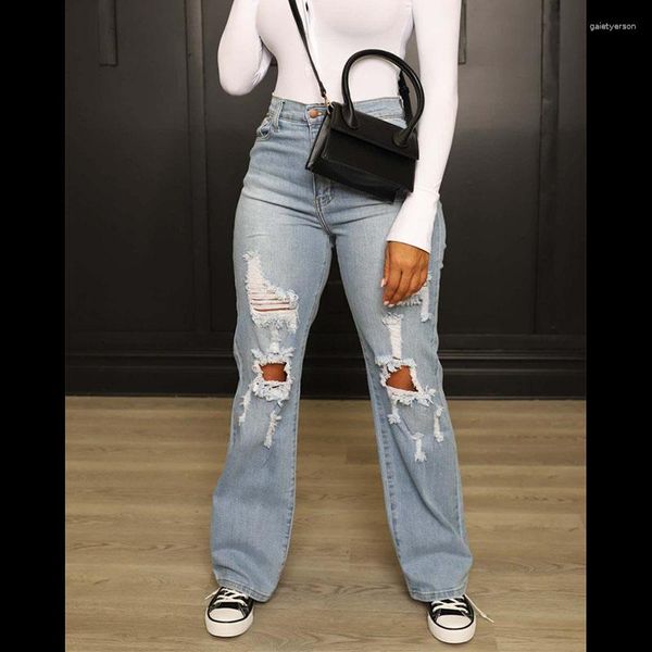 Jeans pour femmes Été Lâche Taille haute Ripped Denim Pantalons Pantalones De Mujer 2023 Arrivée Sexy Trou Mode Casual Pantalon à jambes larges