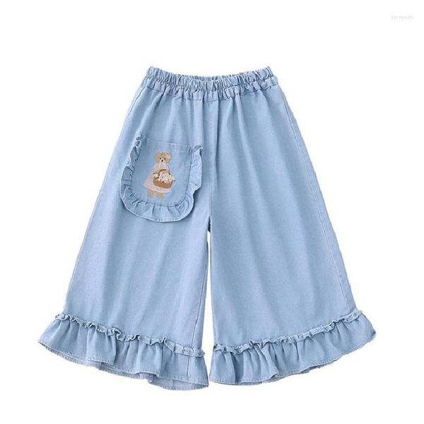 Pantalones vaqueros de mujer, diseño de nicho de verano, estilo pijo, lindo oso bordado, cintura elástica, volantes, pantalones vaqueros hasta la pantorrilla para niñas, Capris