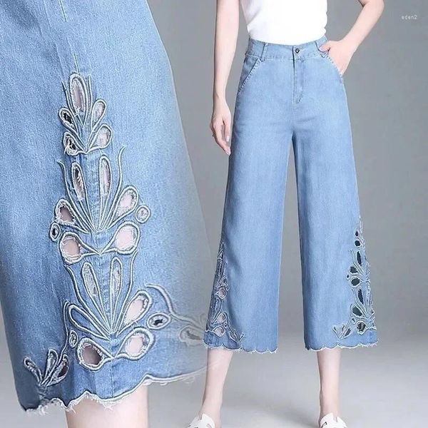 Jeans de mujer Verano de gran tamaño Pierna ancha Vintage Azul Baggy Straight Denim Pantalones de cintura alta Casual Capris LJ353