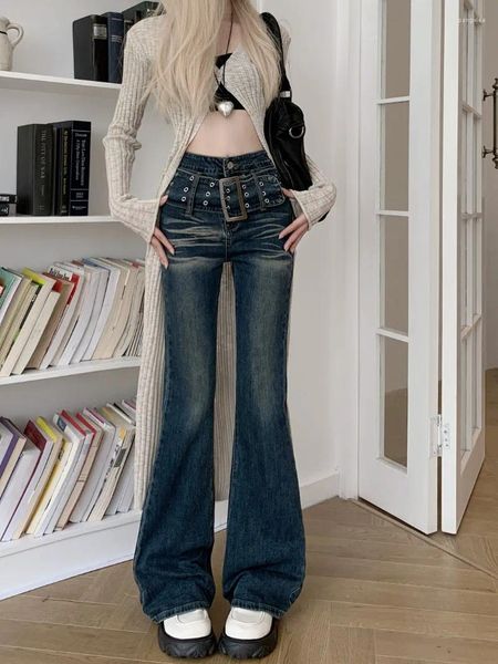 Jeans de mujer Pantalones de verano Cinturón Denim Boot Cut Talle alto Ajuste delgado Tubo recto Fregona Apretada Bolsillos azul oscuro