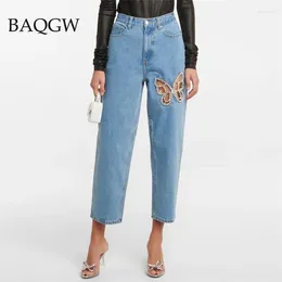 Jeans pour femmes été sexy découpé bleu diamant brillant patchwork droit taille haute mode lavé stretch doux denim pantalon