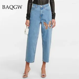 Jeans pour femmes été sexy découpé bleu diamant brillant patchwork droit taille haute mode lavé stretch doux denim pantalon