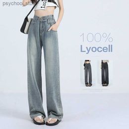 Jeans pour femmes été doux Lyocell tissu femme jean mince ample jambe large droite taille haute pantalon mode confort rétro bleu pantalon décontracté Q230901