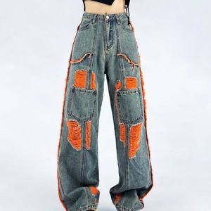 Jeans pour femmes été épissage couleur droite minceur rue allmatch déchiré jean 2023 mode hiphop tendance taille haute 230825