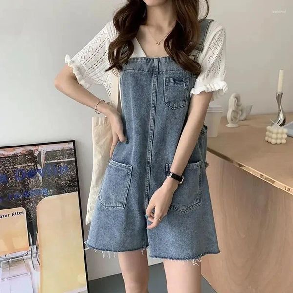 Jeans pour femmes Style d'été déchiré Denim Bib Pantalons Femmes Rétro Lâche Sauvage Taille Haute Mince Short à jambes larges