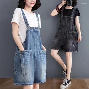 Jeans pour femmes Summer Bretelles Shorts Femmes Denim Salopette Longueur Genou Barboteuses Pantalons à jambes larges Étudiants Grande poche Casual