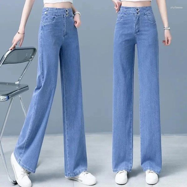 Jeans féminins été mince imitation en soie denim pour les femmes avec un tube droit à taille droite mince pantalon ajusté haut large