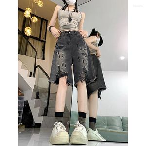 Jeans pour femmes Été Femmes Noir Gothique Genou Longueur Ripped Denim Shorts Streetwear Punk Y2k Coréen Harajuku 2000s Esthétique Emo Vêtements