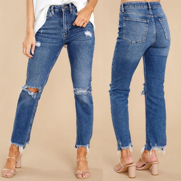 Jeans pour femmes été femmes taille haute lavé bleu foncé gland poche leggings coréen streetwear pantalon en denim perforé