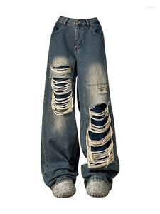 Jeans pour femmes été femmes Vintage mode déchiré Denim brossé pantalon Baggy Baddie trou Y2k Streetwear Grunge pantalons longs jambe large