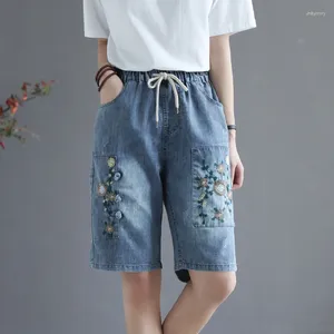 Jeans pour femmes Summer Femmes Pantalon de broderie florale vintage Capris High Waim Shorts femme Longueur du genou