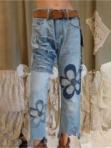 Jeans féminins Jeans pour femmes en été à la mode patchwork floral brut edge harajuku strt hauteur taille lâche raideur jeans lâches t240523