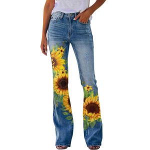 Dames jeans zonnebloem print flare jeans retro denim broek voor vrouwen losse strtwear harajuku casual rechte bell bodem micro wijd uitlopende broek T240523