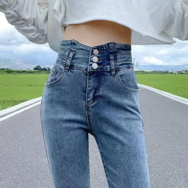 Jeans pour femmes Super élastique taille haute crayon Streetwear femmes pantalon en jean maigre Double bouton rétro pantalon extensible LJ12