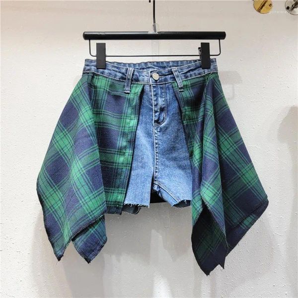 Jeans pour femmes Superaen Blue Vintage Plaid Jirt Femme Korean 2024 Panneau boutonné de style d'été