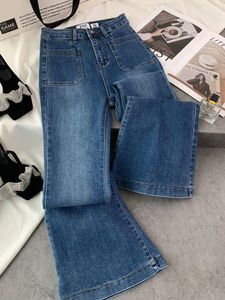 Damesjeans supermodel benen retro donkerblauwe hoge taille dunne slanke stretch micro wijd uitlopende broek meid jeans dweilen dweilenbroek 230519