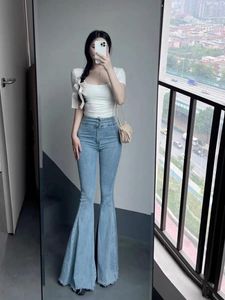 Jeans pour femmes Supermodel Femmes Flare Slim Pantalon Serré Taille Haute Lentille Bleu Harajuku Mode Rétro Y2k 2024