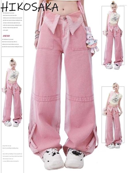 Jeans para mujer Sweet E-Girls Pink Denim Puños High Wasit Vintage Pantalones de pierna ancha recta Estética Casual Y2K Pantalones Femininos