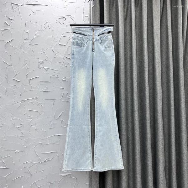 Jeans féminins doux fille mince d'été évasé creux de taille haute taise de taille pantalon en jean sexy pantalon jean shinny