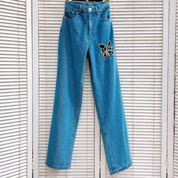 Jeans femme doux Sexy évidé luxe strass diamants bleu clair pour femmes taille haute pantalon droit femme pantalon Y4065
