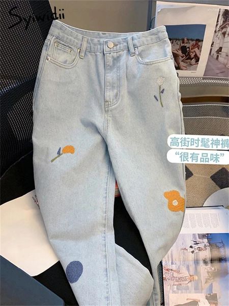 Jeans de femmes Syiwidii broderie florale large jambe féminine 2024 Pantalon bleu en denim de mode coréen droit chic
