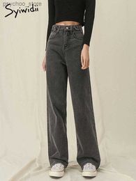 Jeans Femme Syiwidii Jeans taille haute pour femmes Denim Joggers pantalon maman pantalon à lacets bouton pleine longueur droite 2022 mode gris Q230901