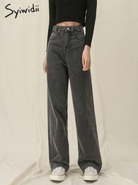 Damesjeans Syiwidii ​​High Tailed Jeans for Women Denim Joggers broek Mam broek veter knop volledige lengte rechte mode grijs 230303