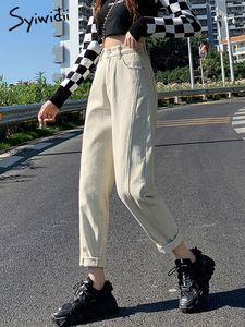 Damesjeans Syiwidii ​​Jeans for Women Mom jeans hoge taille denim broek harembroeken y2k mode Koreaanse witte zwarte kant streep bodems 230303
