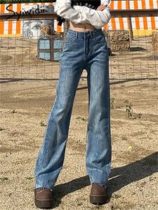 Jeans pour femmes Syiwidii bleu clair pour femmes 2024 mode lâche taille haute vintage streetwear droite pleine longueur jambe large
