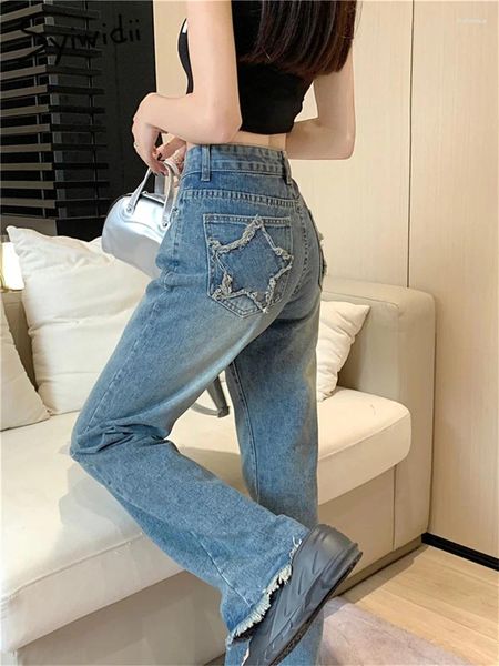 Jeans pour femmes Syiwidii Lâche Bleu Pour Femmes 2024 Mode Vintage Poches Patch Designs Taille Haute Casual Droite Jambe Large