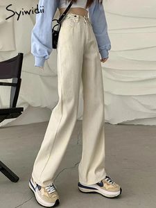 Dames Jeans Syiwidii Dames 2024 Koreaanse Mode Taille Knop Aanpassen Rechte Wijde Pijpen Denim Broek Hoge Xs Beige Zwart