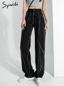 Women's Jeans Syiwidii jean taille haute femme noir Y2K Denim pantalon Vintage robe de rue Xs jean poches mode droite Triple femme 230329