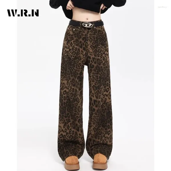 Jeans pour femmes Tan Leopard Print Wide Leg Femmes 2024 en taille haute rétro Y2K Denim Pantalon Baggy Casual Straight Streetwear