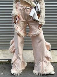 Women's Jeans TARUXY-pantalones vaqueros holgados de talle alto para mujer, Vaqueros holgados con borlas de moda informal para mujer, pantalones Cargo sueltos de color rosa para mujer, otoño 230927