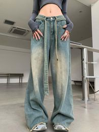 Pantalones vaqueros de mujer Tawaaiw American Retro Baggy Denim pantalones de pierna ancha mamá mujer con cinturón novio suelto para primavera verano 2023