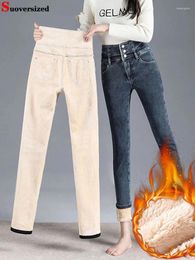 Jeans pour femmes épaississer le crayon skinny pantalon en denim doublé en peluche étirement jeansy chaude vaqueros haut taille bouton de taille spodnie