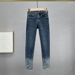 Jeans pour femmes mince velours épais pour femmes 2023 automne hiver denim pantalon filles dame strass recadrée maigre élastique jean