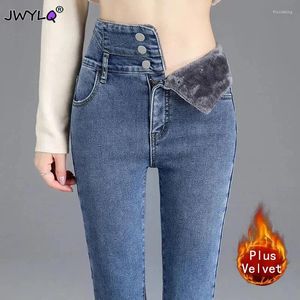 Jeans pour femmes trois boucles femmes hiver plus en velours mince crayon pantalon denim femelle 2024 coréen haute taille maman