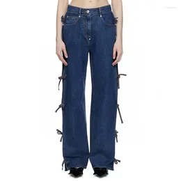 Jeans féminins Tie Bow Fashion Hollow Out Pantalon à jambes larges de haute qualité pantalon en coton y2k 2024 été