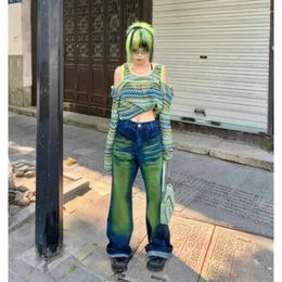 Jeans féminins Tie Dye Green Navy Blue Denim Pant Y2k Femme Boyfriend Baggy Harajuku Vintage Streetwear Clothes GRUNG