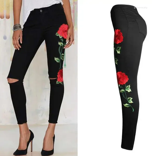 Pantalones vaqueros de mujer Pantalones de lápiz ajustados Leggings de mezclilla Agujeros de cintura alta bordados con rosas