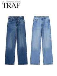 Women's Jeans TRAF 2023 automne nouveau femmes mode Chic pantalon bleu taille haute poches boutons fermeture éclair jean femme haute Strt Denim pantalon T240330