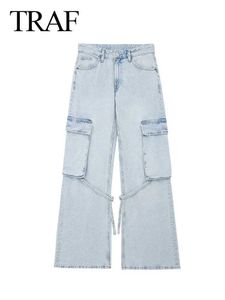 Jeans féminins Traf 2023 Nouvelle femme Fashion Fashion Casual Lace Lace Ligne Bag Bureau Femme Pocket Pantalon Loose Pantalon Femme Femme Q240523