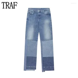 Jeans pour femmes TRAF 2024 Flare Baggy Femmes Blue Denim Ripped pour pantalons d'été Taille haute Femme Pantalon décontracté